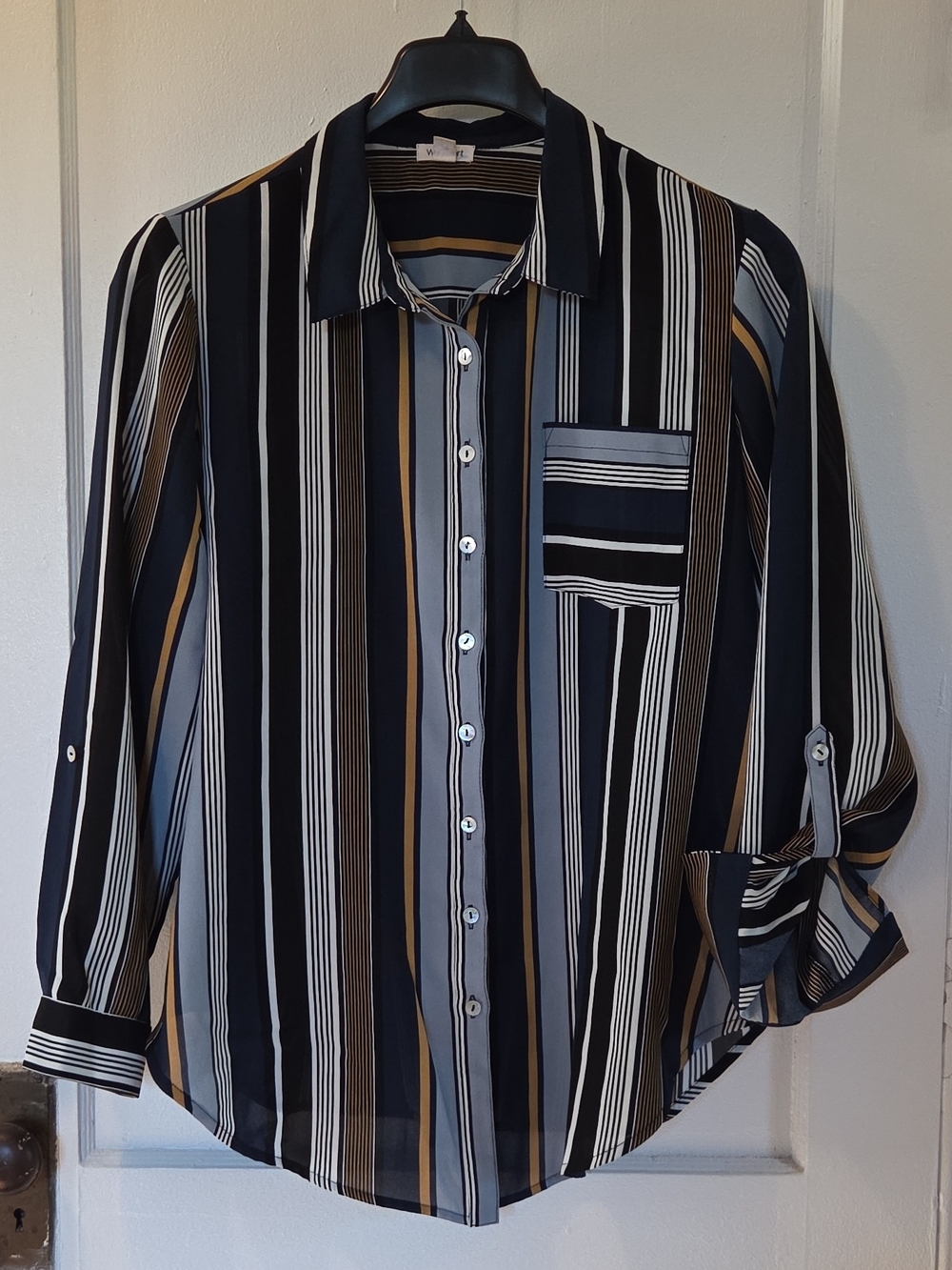 Westport Vintage Striped Button-Front Shirt in Black, White & Brown
